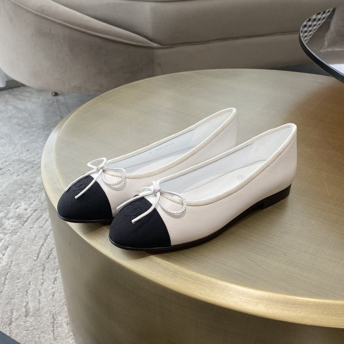 Chanel Ballet Flats White Black Lambskin Canvas