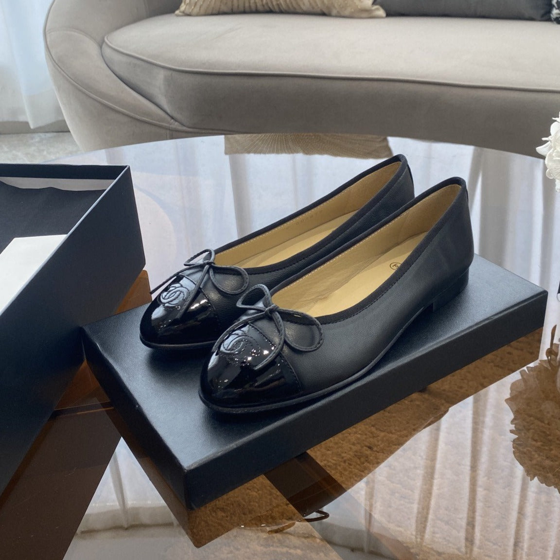 Chanel Ballet Flats Black Beige Lambskin