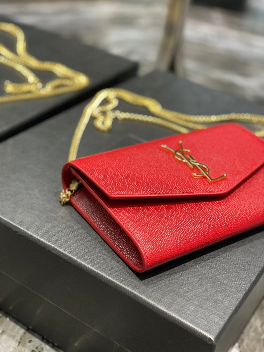 Saint Laurent Uptown Chain Wallet 19 Red Grained Calfskin