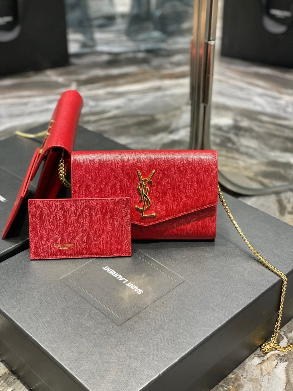 Saint Laurent Uptown Chain Wallet 19 Red Grained Calfskin