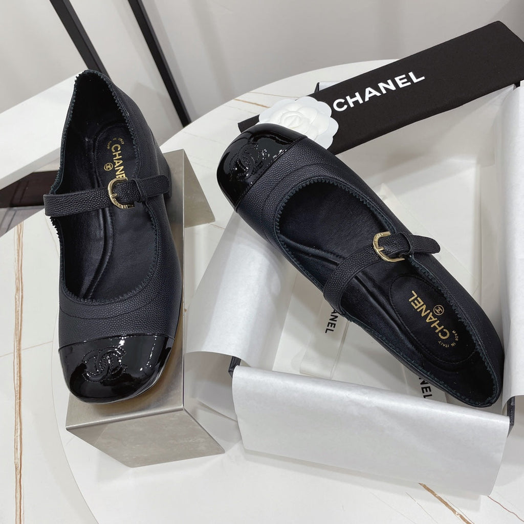 Chanel Mary Jane Block Heel Black Sheepskin