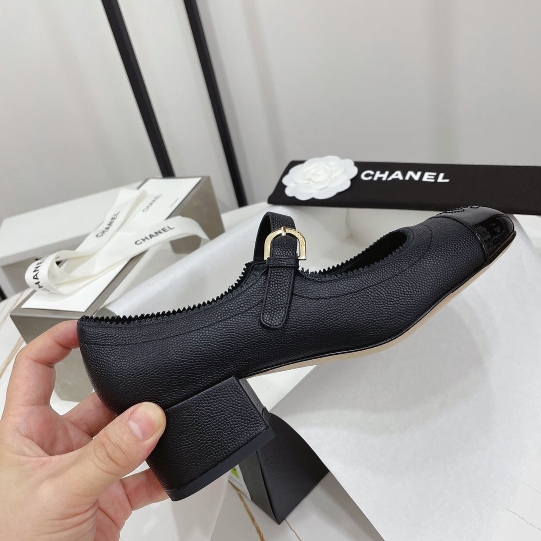 Chanel Mary Jane Block Heel Black Sheepskin