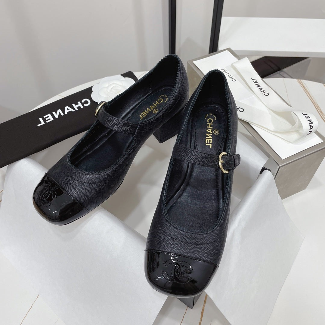 Chanel Mary Jane Block Heel Black Sheepskin
