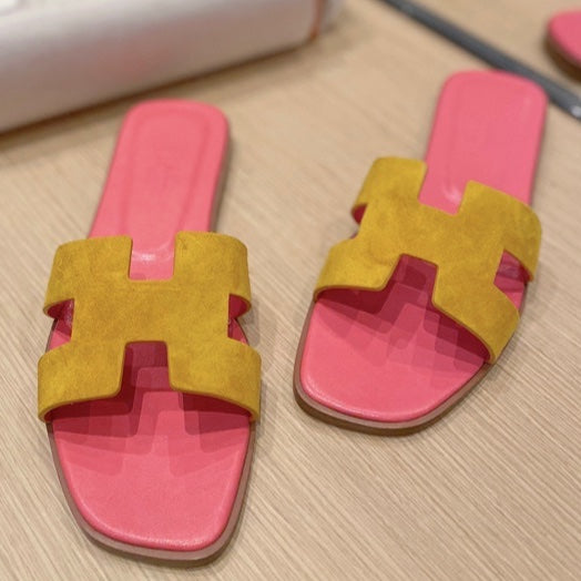 Hermes 0RAN Sandals in Dijon Yellow Suede and Deep Pink Calfskin