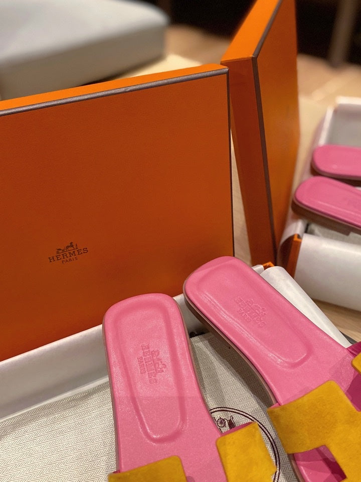 Hermes 0RAN Sandals in Dijon Yellow Suede and Deep Pink Calfskin