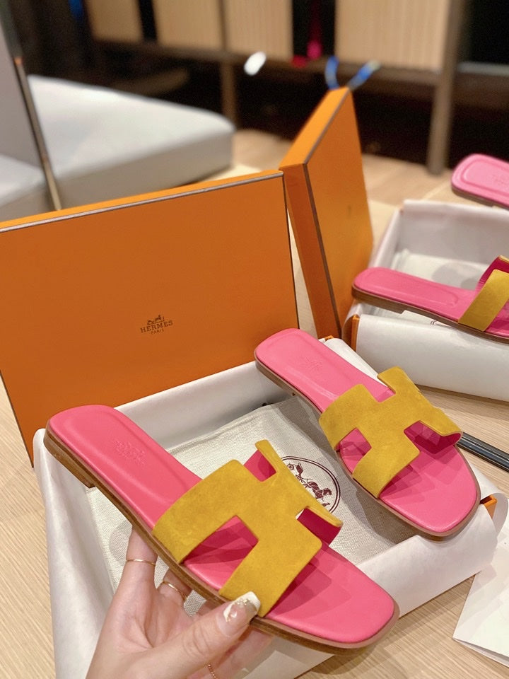 Hermes 0RAN Sandals in Dijon Yellow Suede and Deep Pink Calfskin
