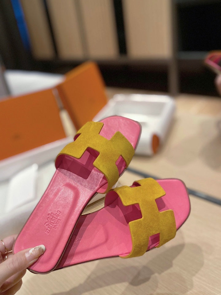 Hermes 0RAN Sandals in Dijon Yellow Suede and Deep Pink Calfskin