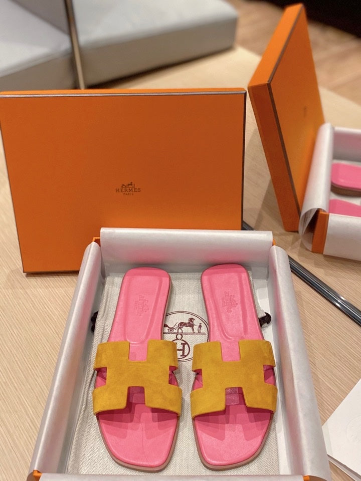 Hermes 0RAN Sandals in Dijon Yellow Suede and Deep Pink Calfskin