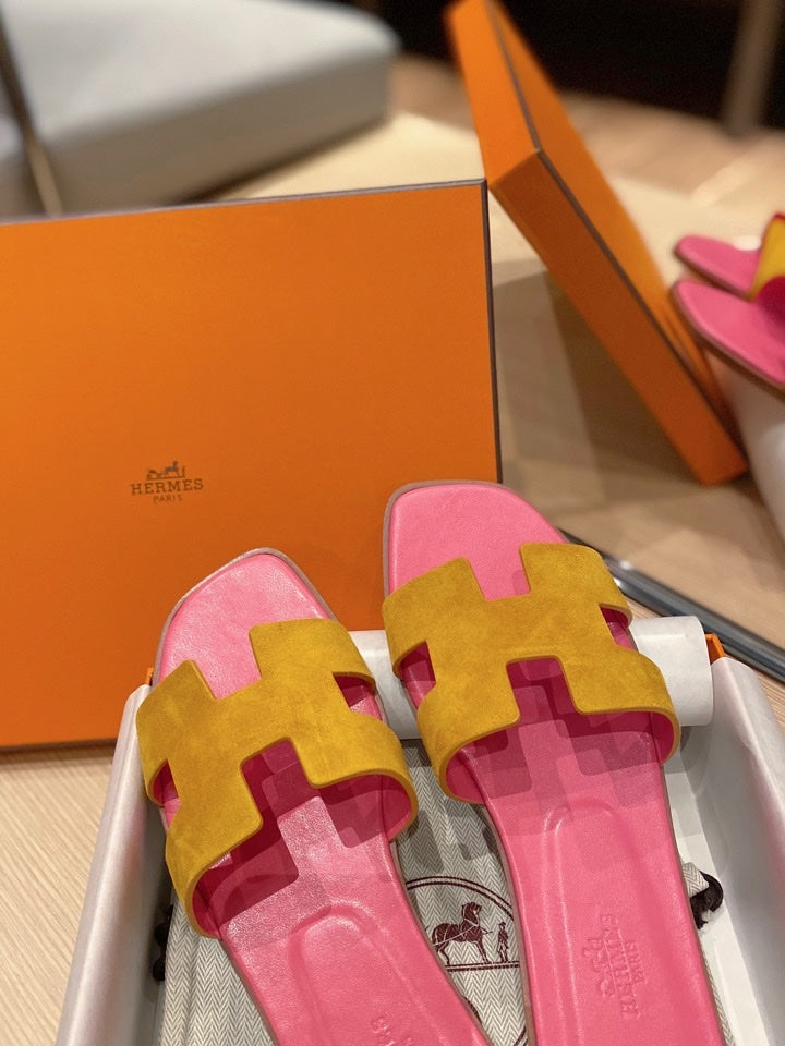 Hermes 0RAN Sandals in Dijon Yellow Suede and Deep Pink Calfskin