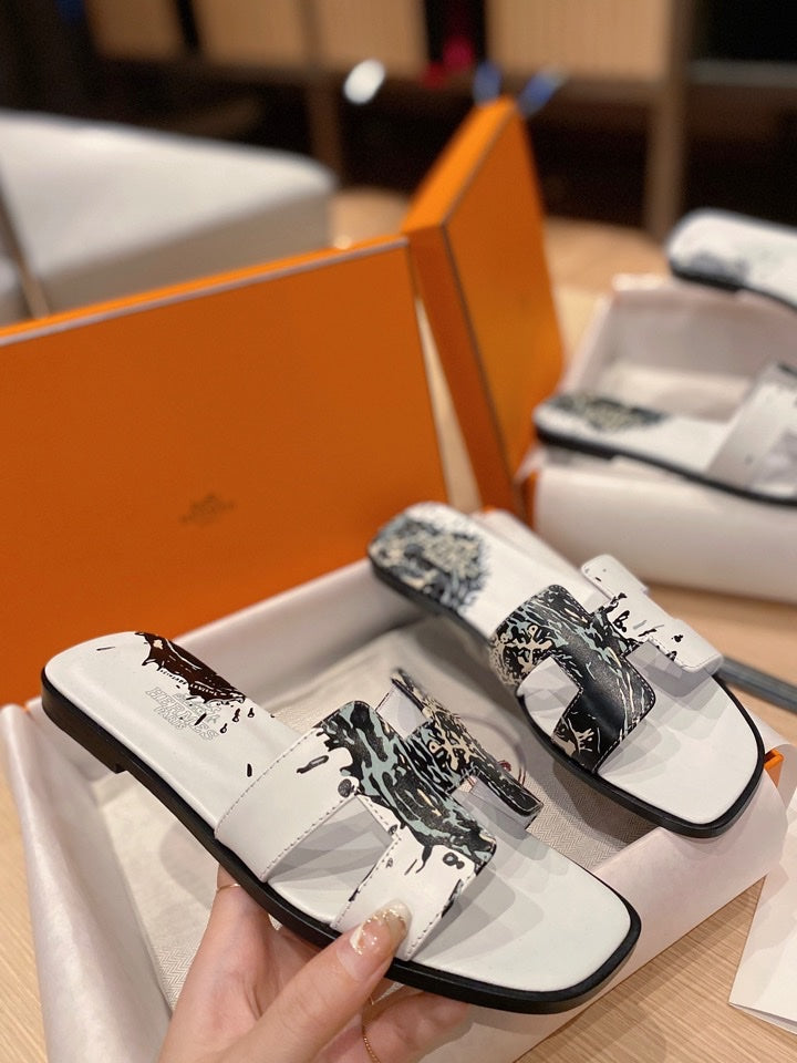 Hermes 0RAN Sandals in White Mix Colorful Calfskin