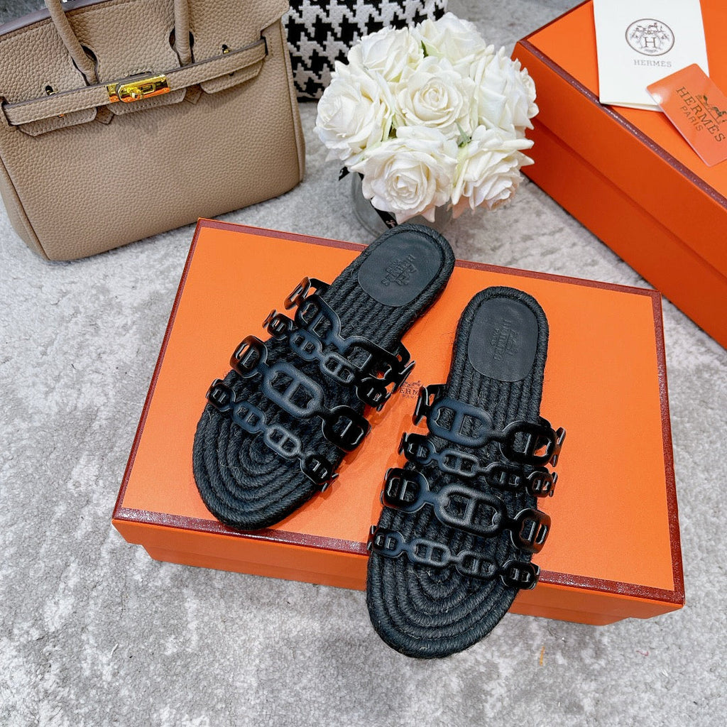 Hermes Black Straw Sole Slippers Black Lambskin
