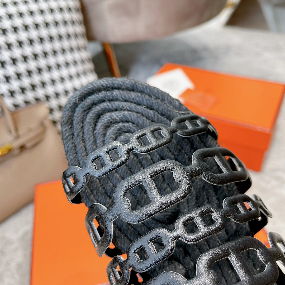 Hermes Black Straw Sole Slippers Black Lambskin