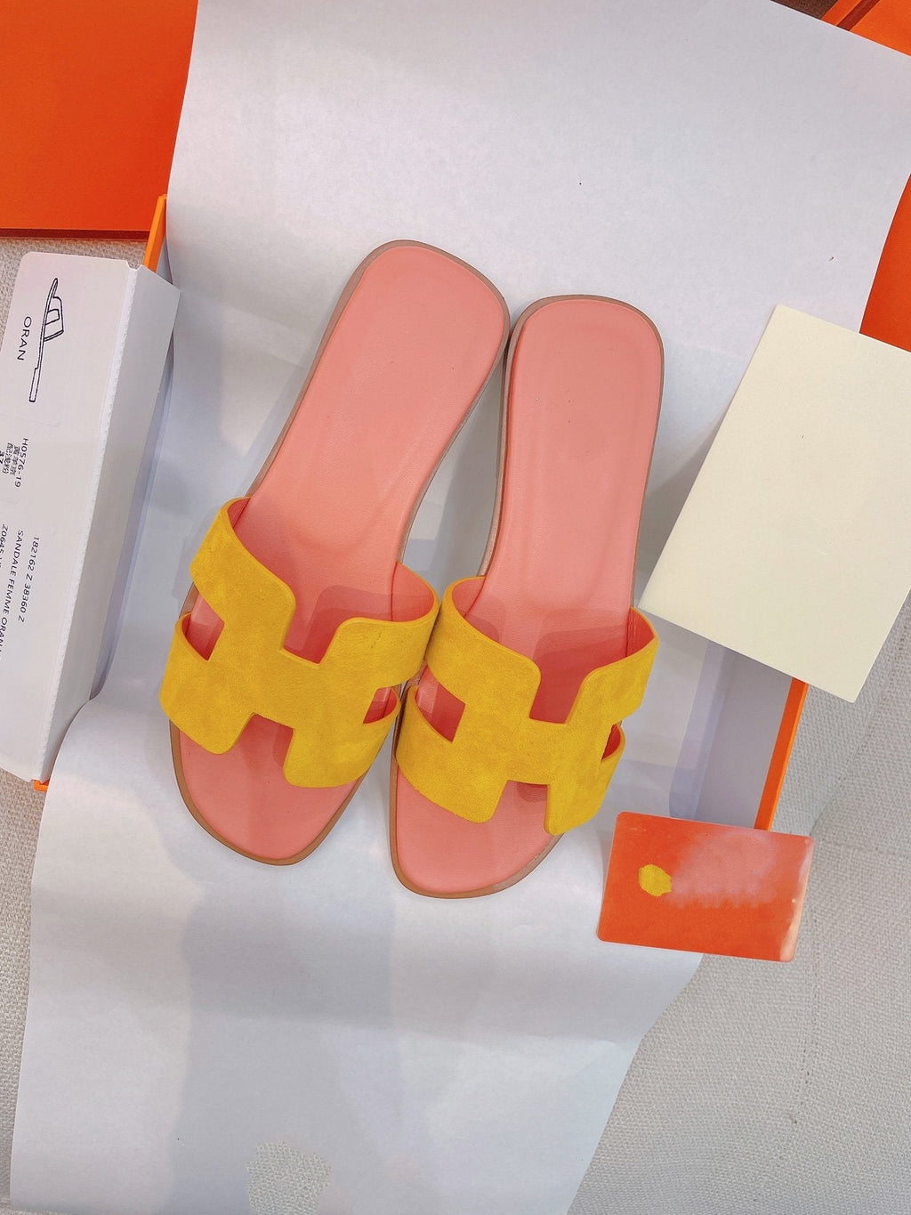 Hermes 0RAN Sandal Light Pink/Yellow Suede