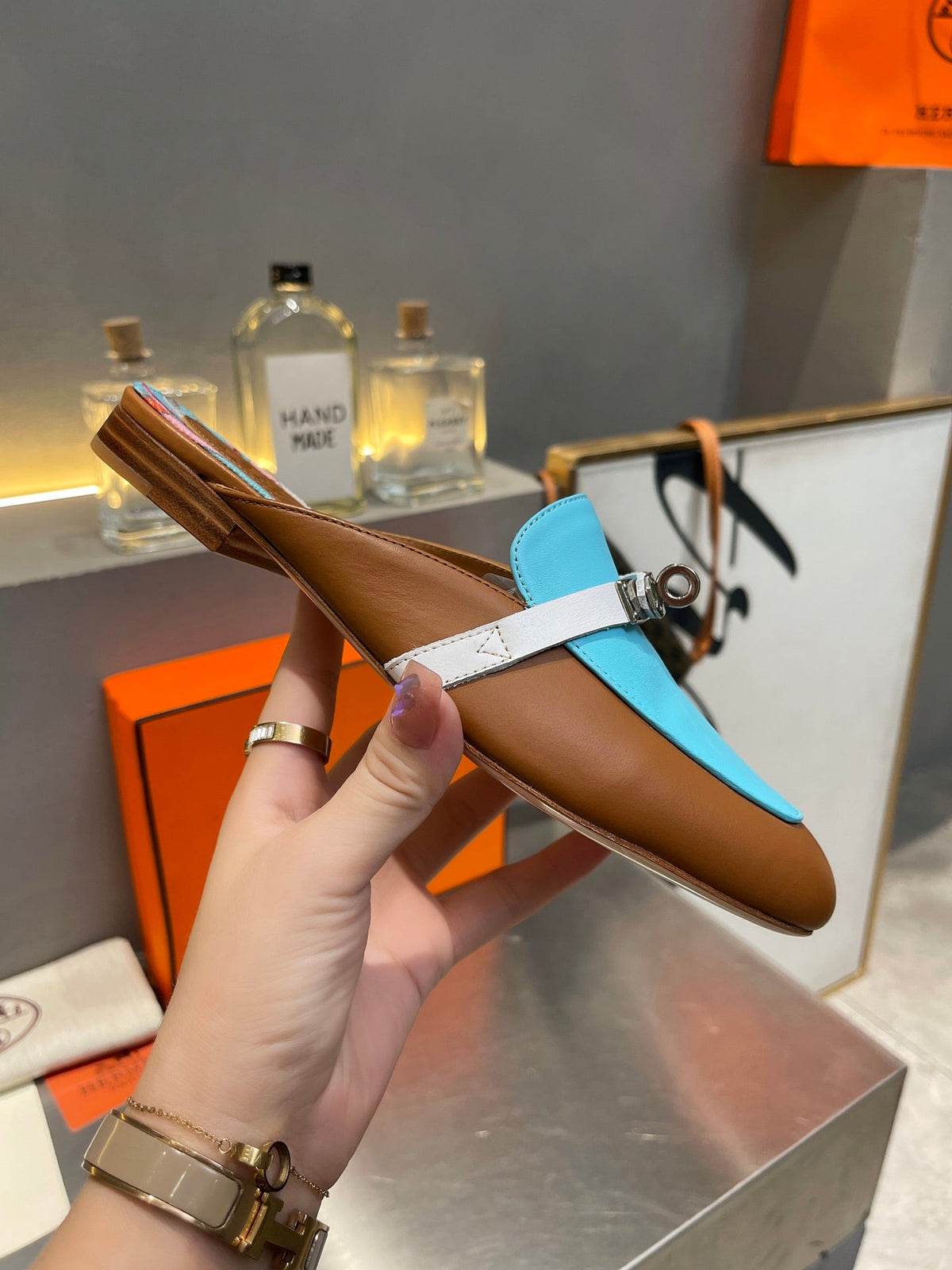 Hermes 0Z Mule Caramel and Sky Calfskin with Pattern