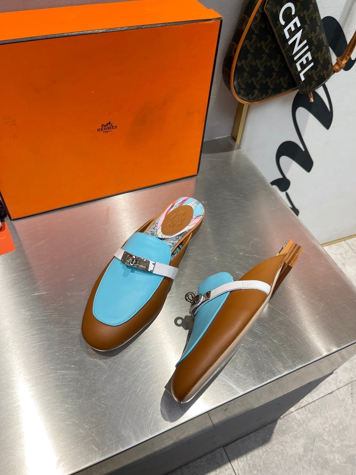 Hermes 0Z Mule Caramel and Sky Calfskin with Pattern
