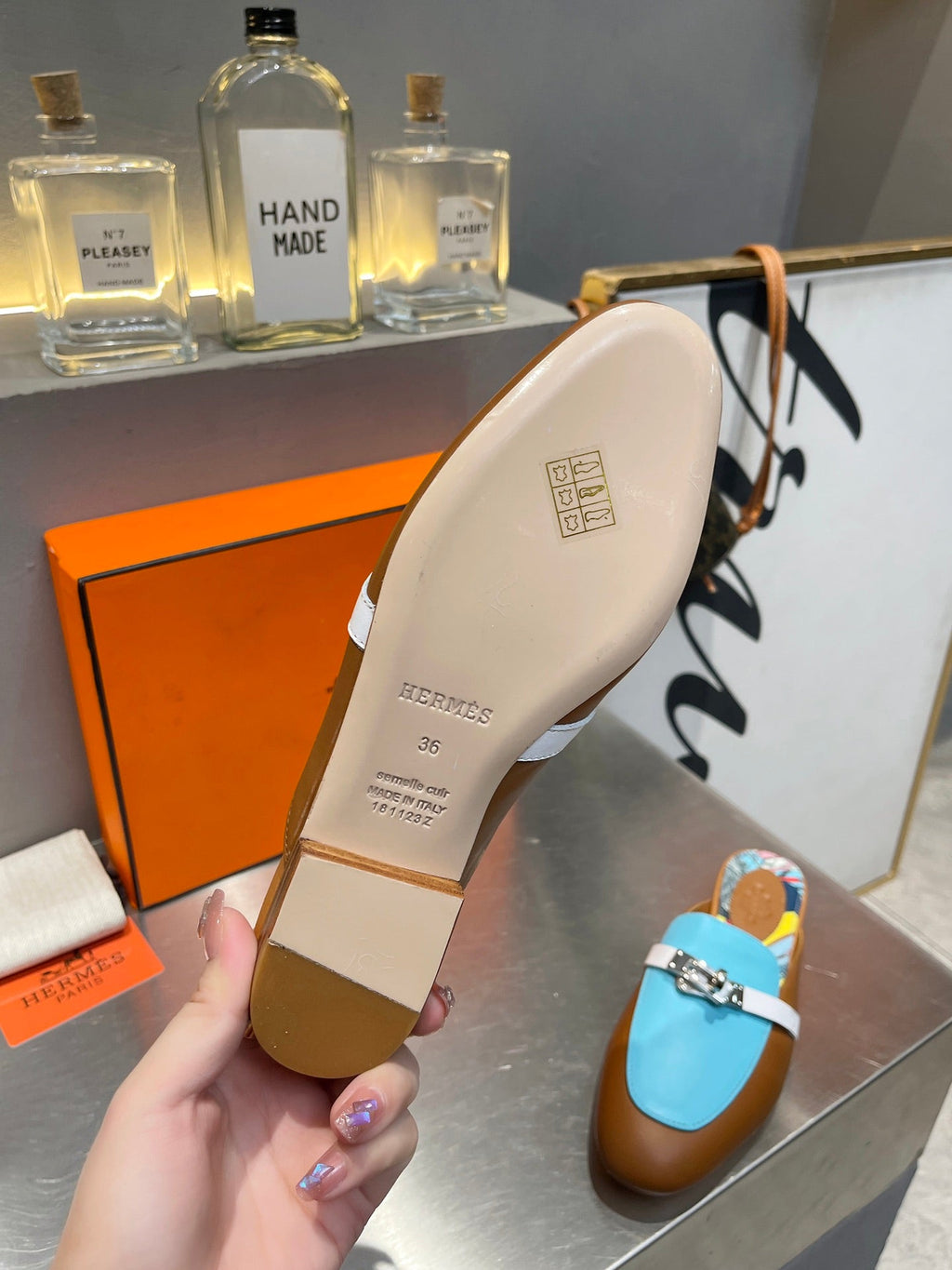 Hermes 0Z Mule Caramel and Sky Calfskin with Pattern