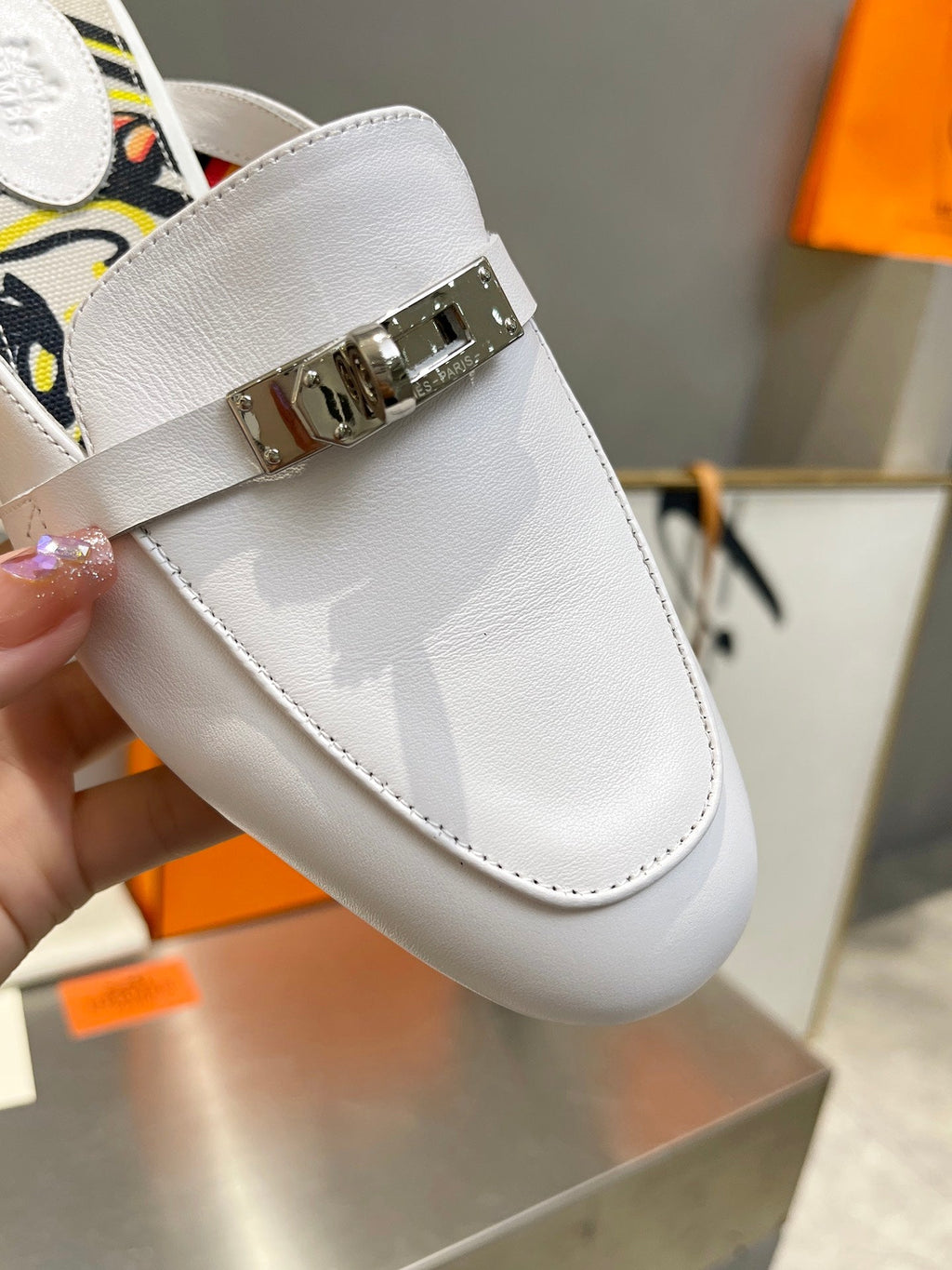 Hermes 0Z Mule White Calfskin with Black Pattern