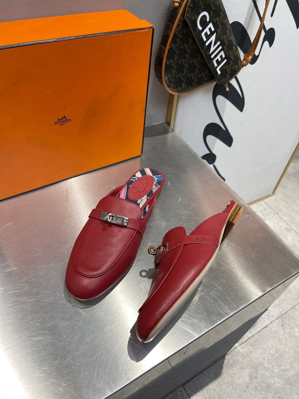Hermes 0Z Mule Ruby Calfskin with Pattern