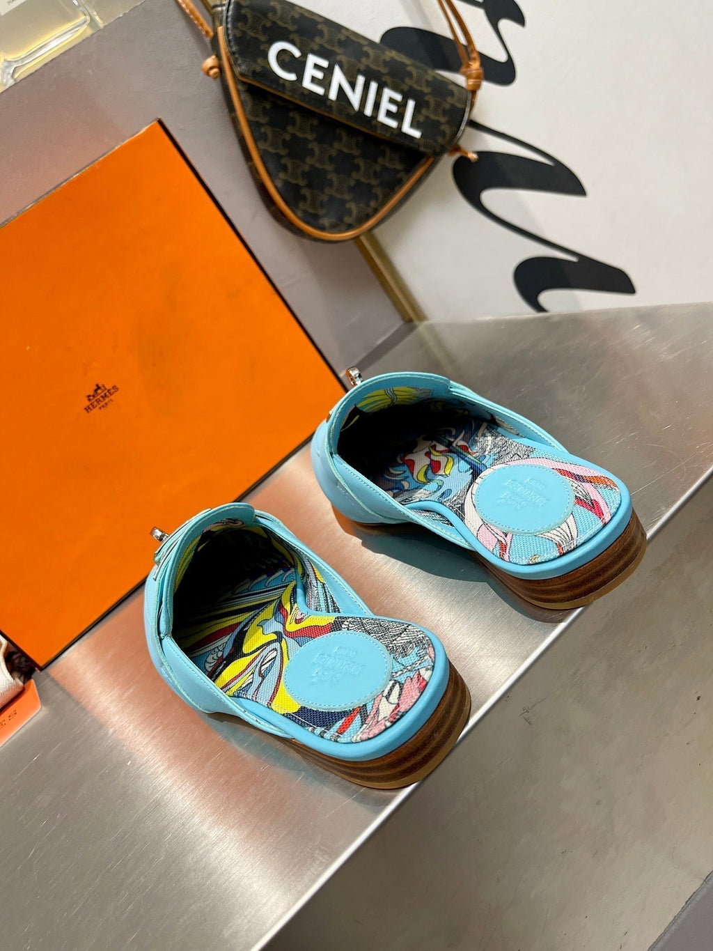 Hermes 0Z Mule Sky Calfskin with Pattern
