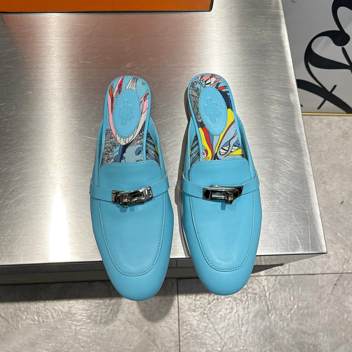 Hermes 0Z Mule Sky Calfskin with Pattern
