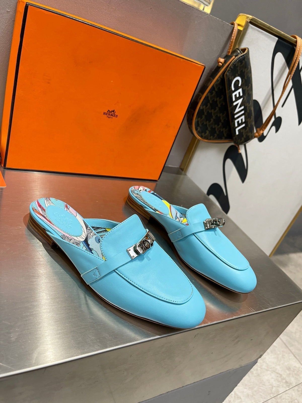 Hermes 0Z Mule Sky Calfskin with Pattern