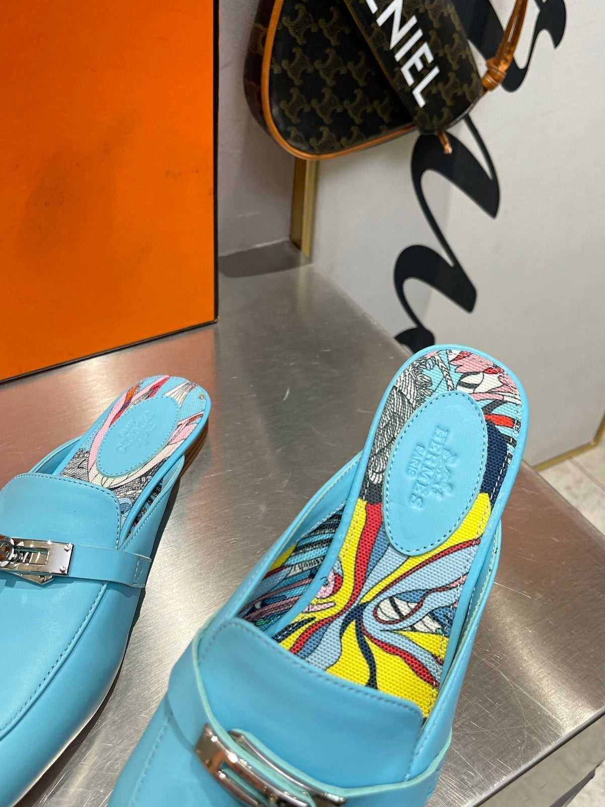 Hermes 0Z Mule Sky Calfskin with Pattern