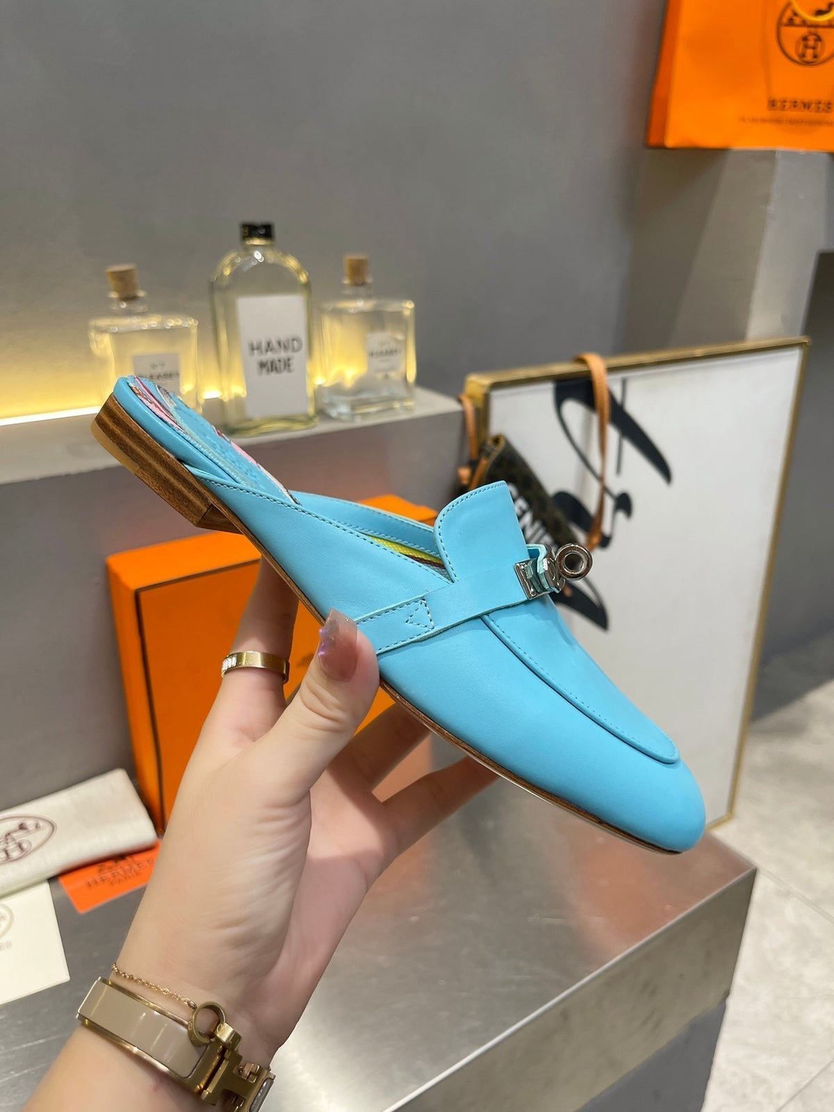 Hermes 0Z Mule Sky Calfskin with Pattern