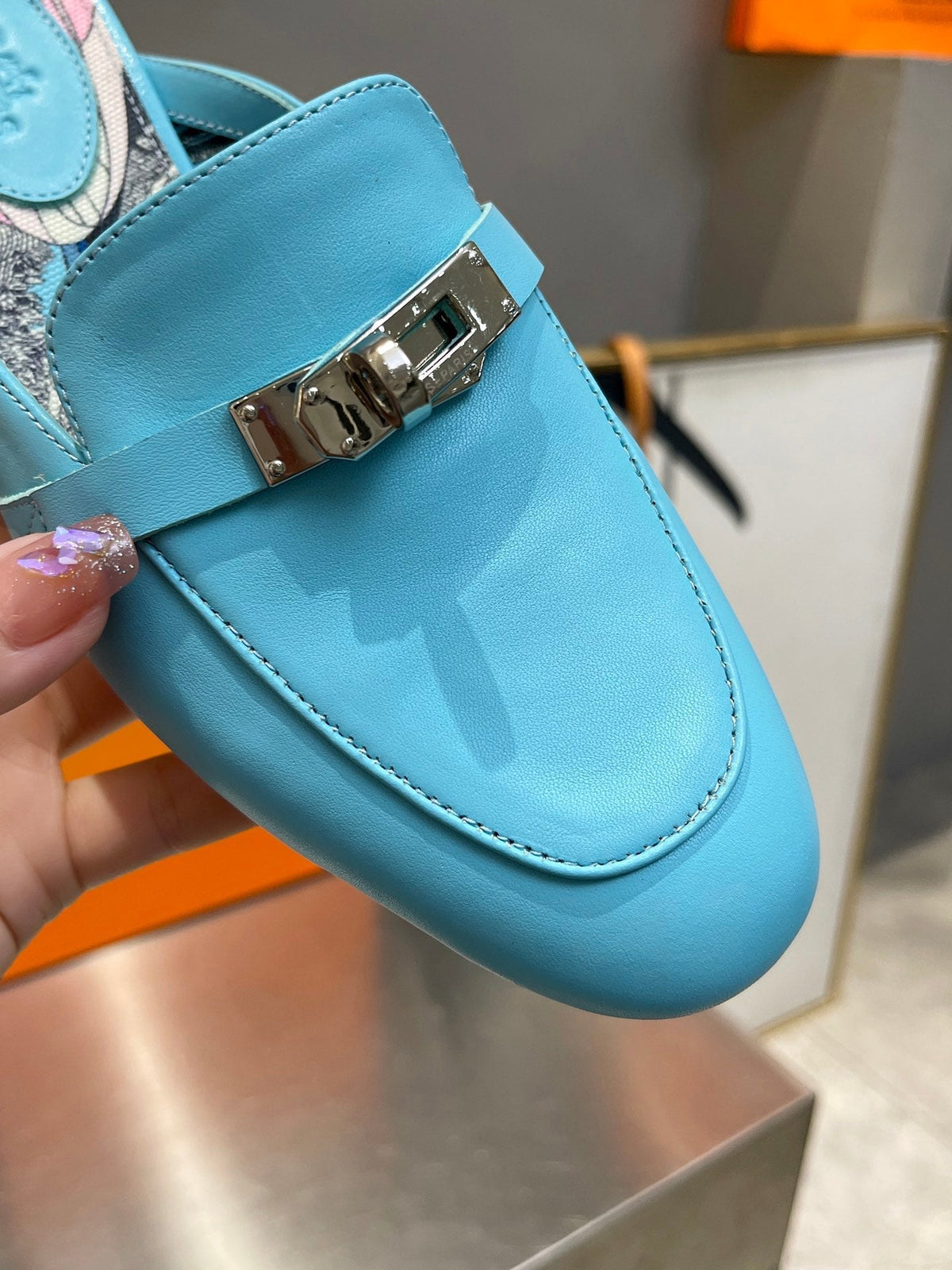 Hermes 0Z Mule Sky Calfskin with Pattern
