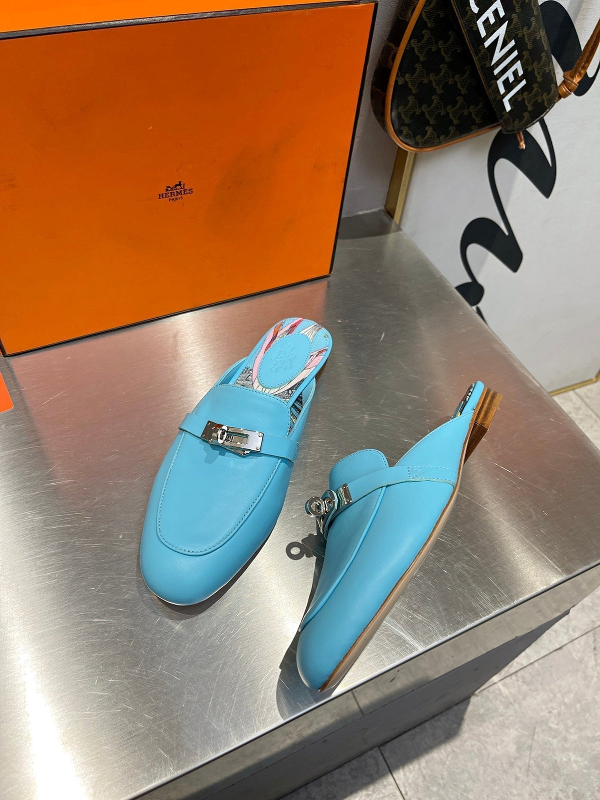 Hermes 0Z Mule Sky Calfskin with Pattern