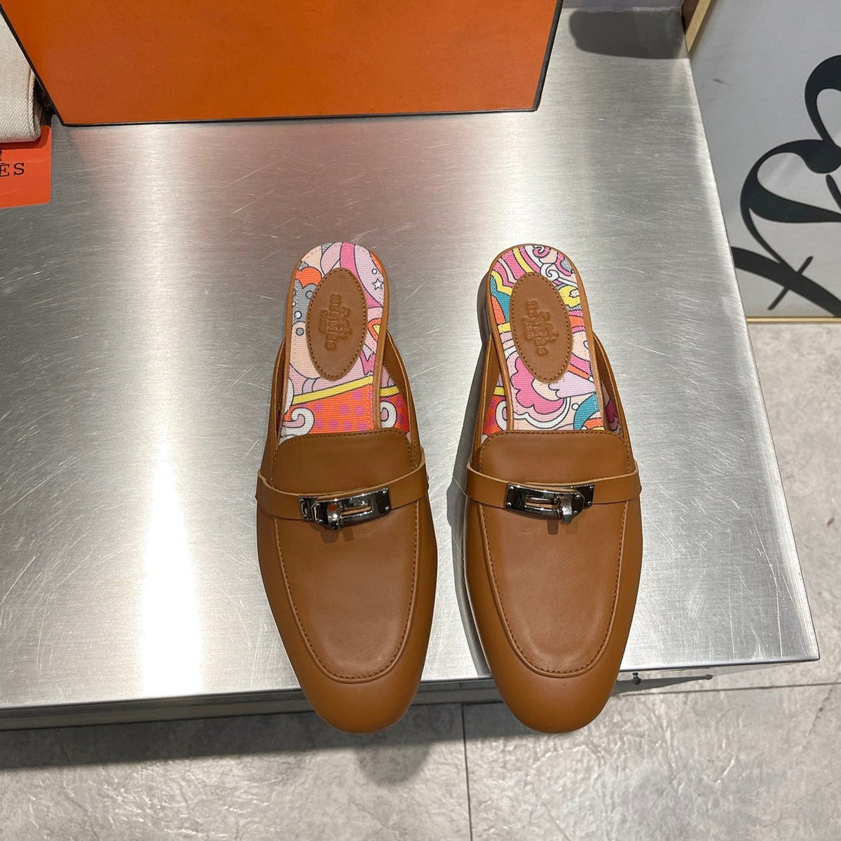 Hermes 0Z Mule Caramel Calfskin with Pattern