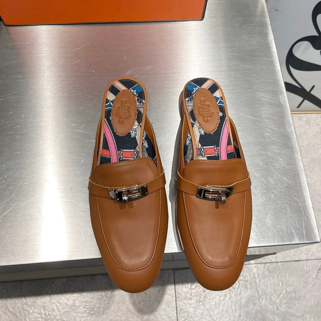 Hermes 0Z Mule Caramel Calfskin with Black Pattern