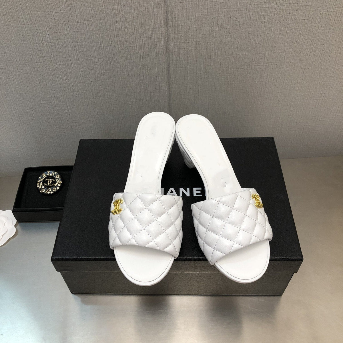 Chanel Rev Cone Heel Mule Slide Sandal White Quilted Lambskin 6cm