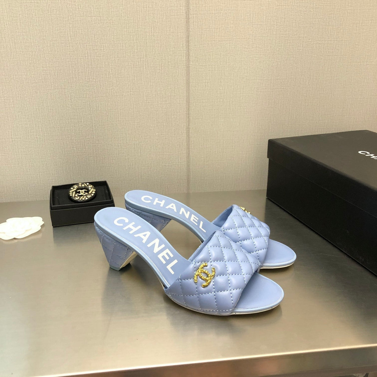 Chanel Diamond-Quilted 6 cm Sandals in Carolina Blue Lambskin