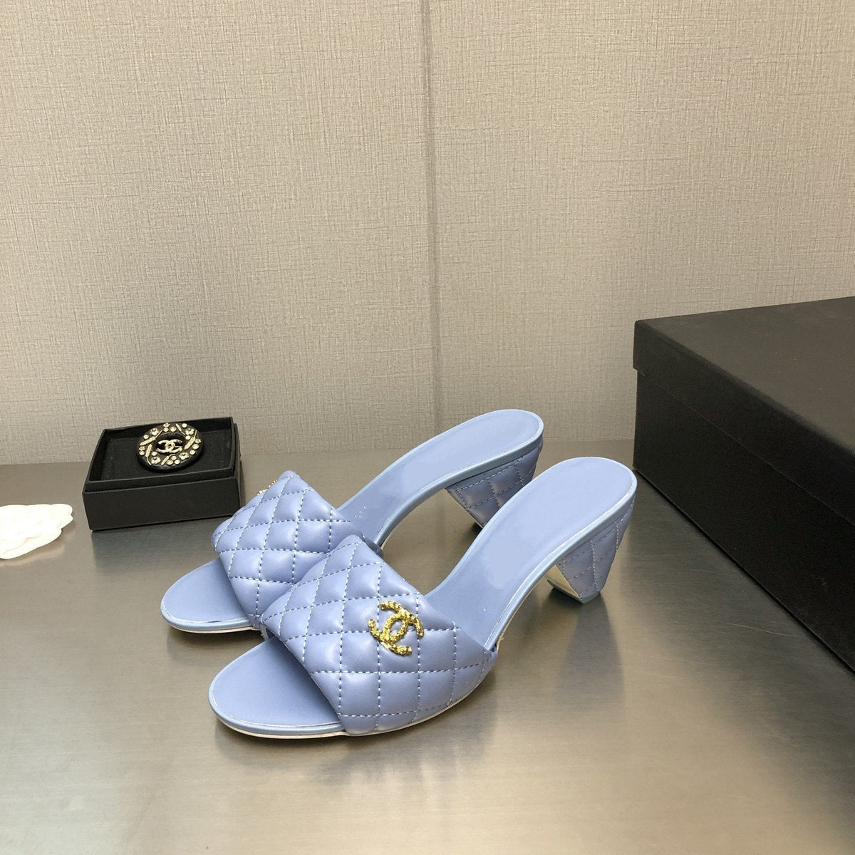 Chanel Rev Cone Heel Mule Slide Sandal Cloud Blue Quilted Lambskin 6cm