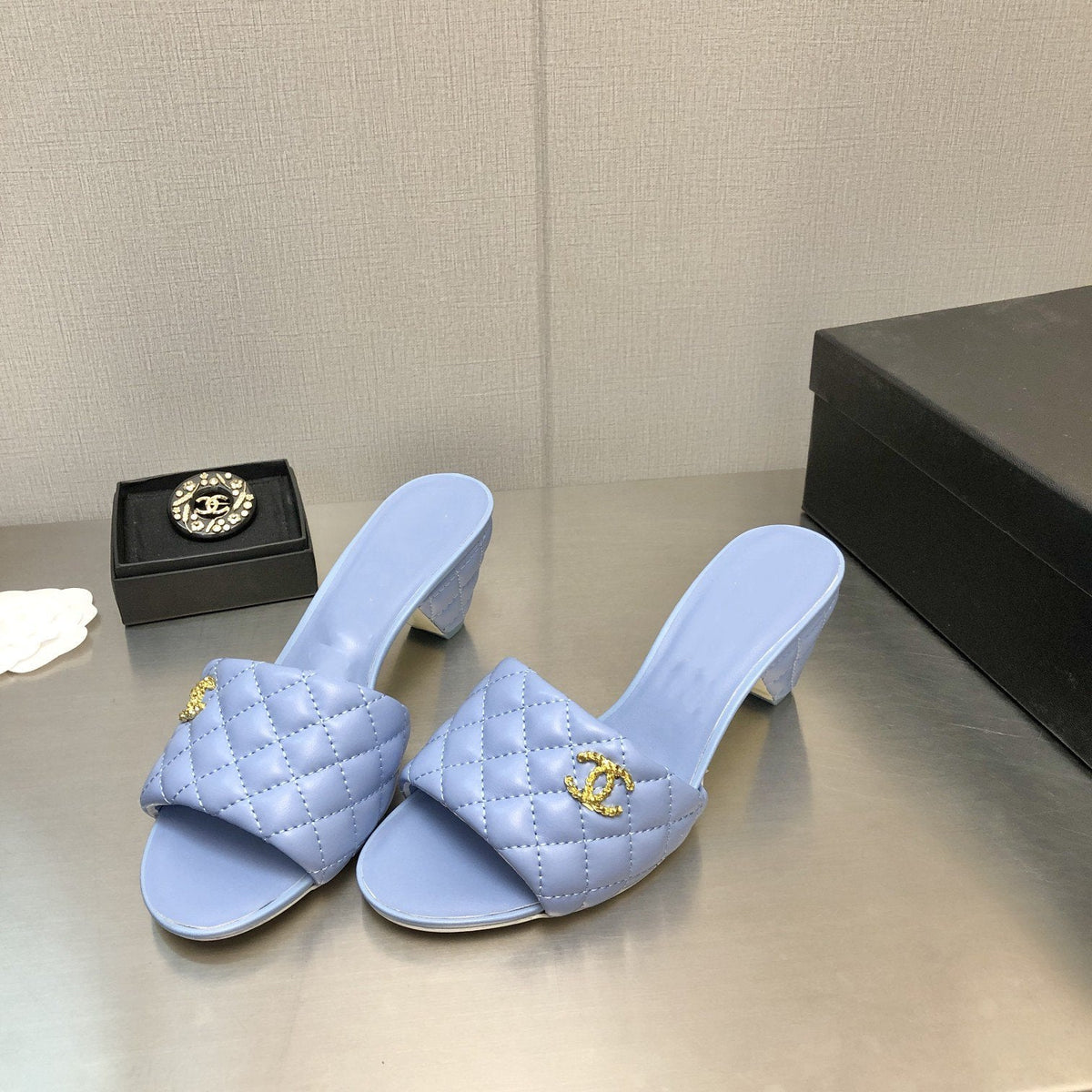 Chanel Rev Cone Heel Mule Slide Sandal Cloud Blue Quilted Lambskin 6cm