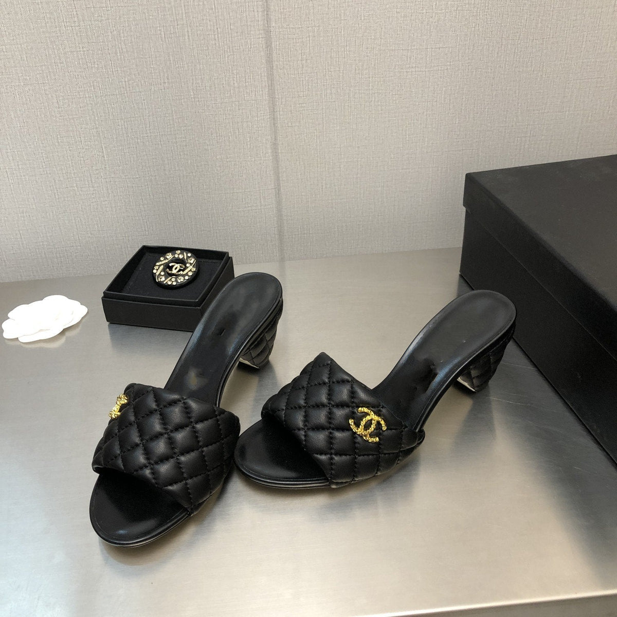 Chanel Rev Cone Heel Mule Slide Sandal Black Quilted Lambskin 6cm