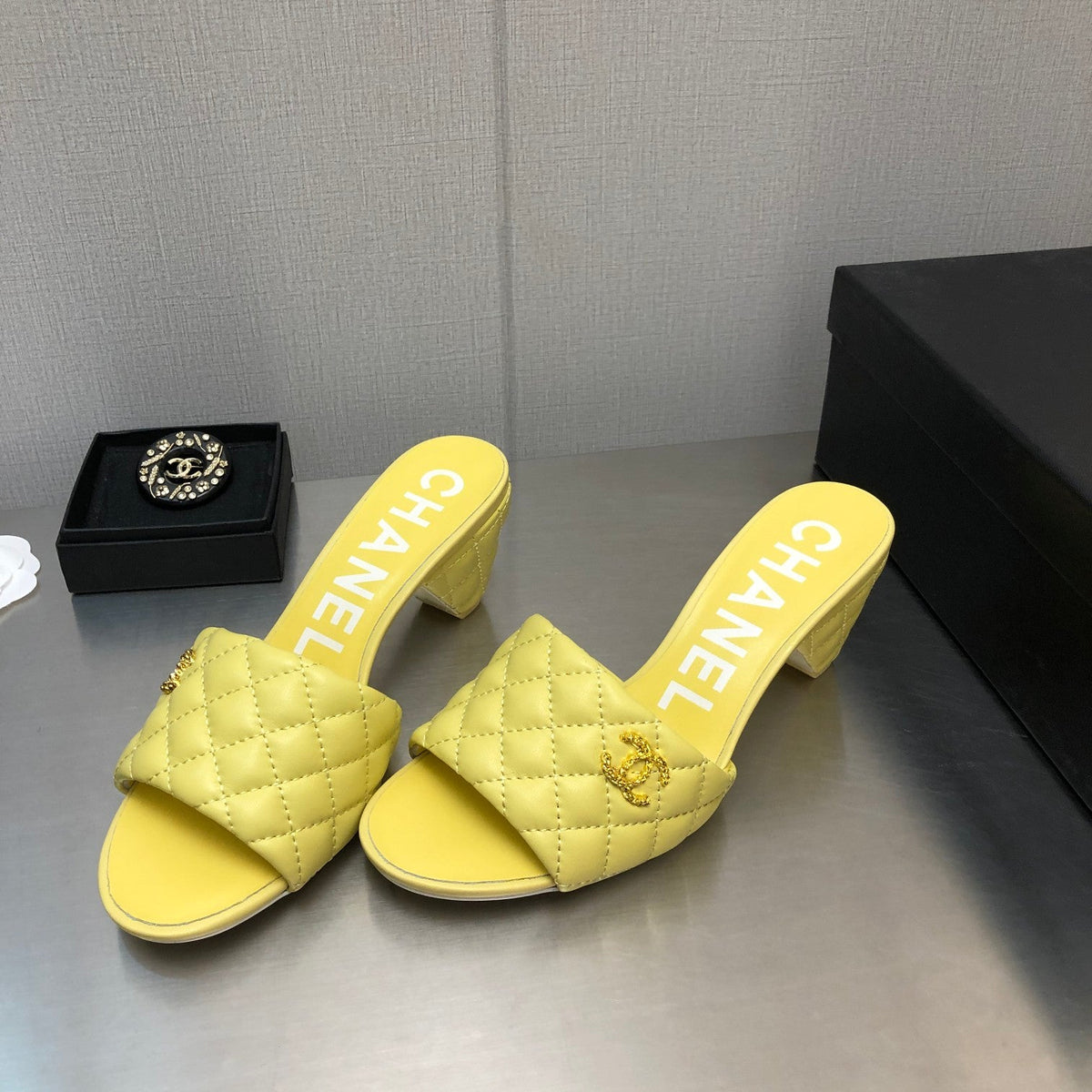Chanel Diamond-Quilted 6 cm Sandals in Bright Yellow Lambskin