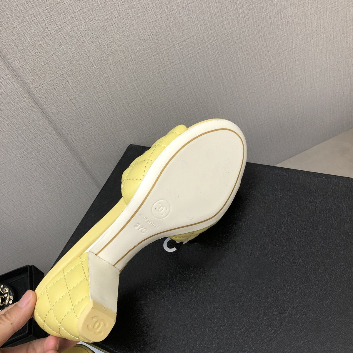 Chanel Rev Cone Heel Mule Slide Sandal Lime Quilted Lambskin 6cm