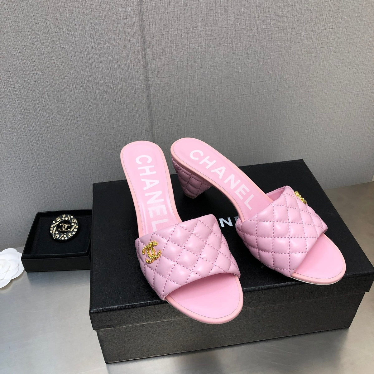 Chanel Diamond-Quilted 6 cm Sandals in Baby Pink Lambskin