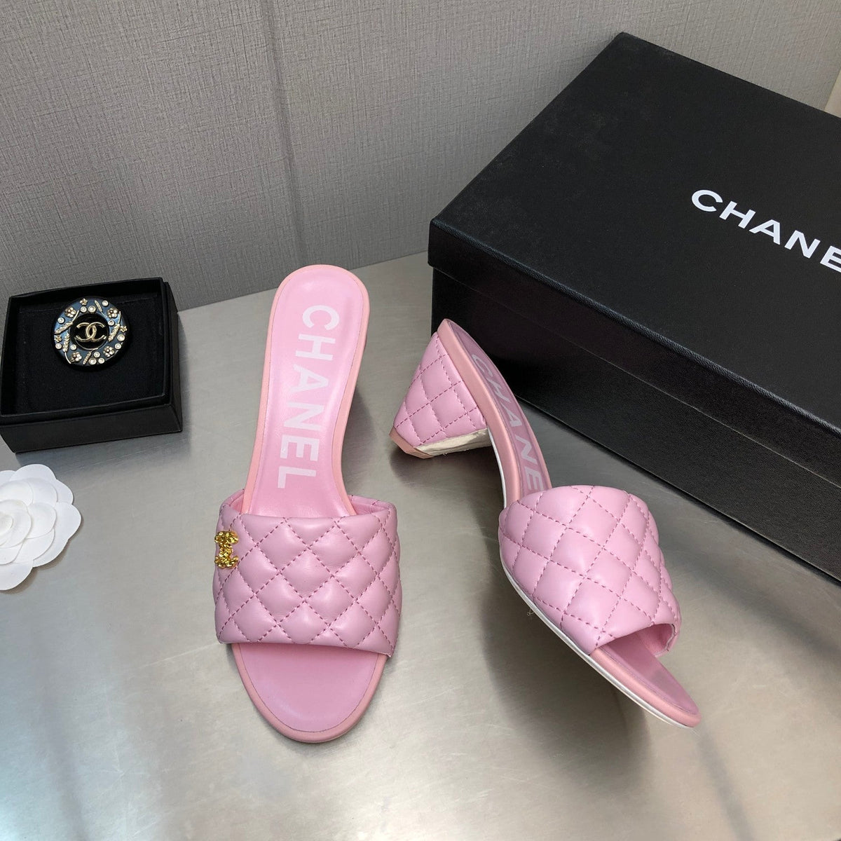 Chanel Diamond-Quilted 6 cm Sandals in Baby Pink Lambskin
