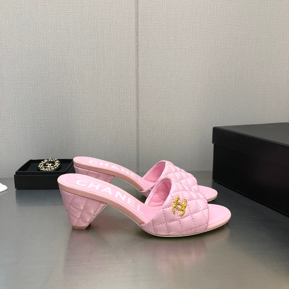 Chanel Diamond-Quilted 6 cm Sandals in Baby Pink Lambskin