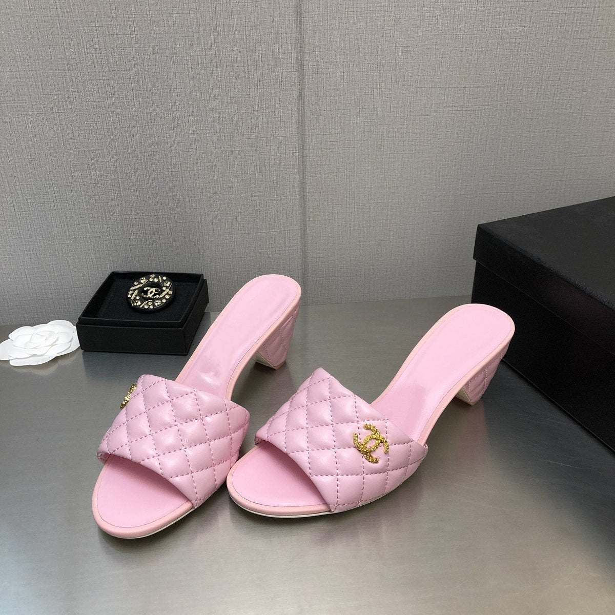Chanel Rev Cone Heel Mule Slide Sandal Pink Quilted Lambskin 6cm