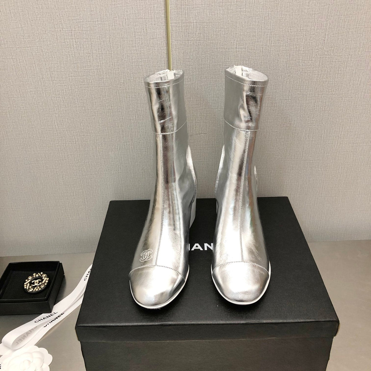 Chanel Block Heel Ankle Boots in Silver Calfskin