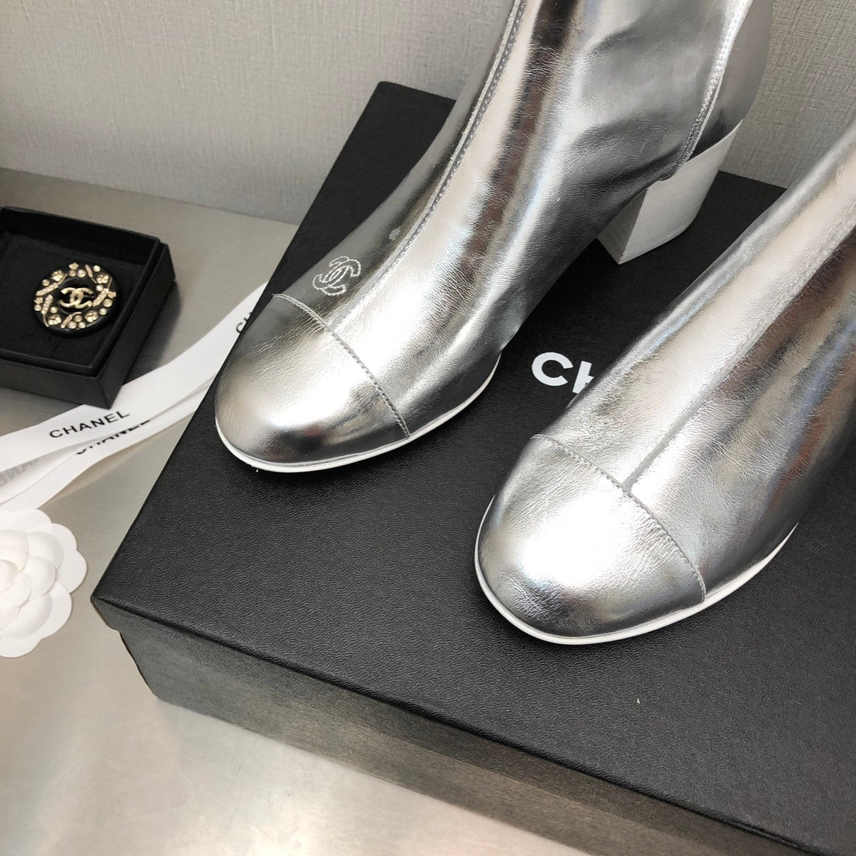 Chanel Block Heel Ankle Boots in Silver Calfskin