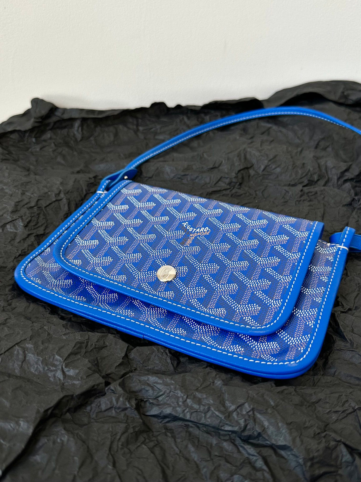 Goyard Plumet Pocket Wallet 20 in Sapphire Blue Goyardine Canvas and Lambskin Trim