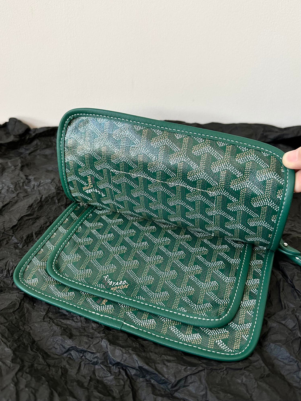 Goyard Plumet Pocket Wallet 20 in Green Goyardine Canvas and Lambskin Trim