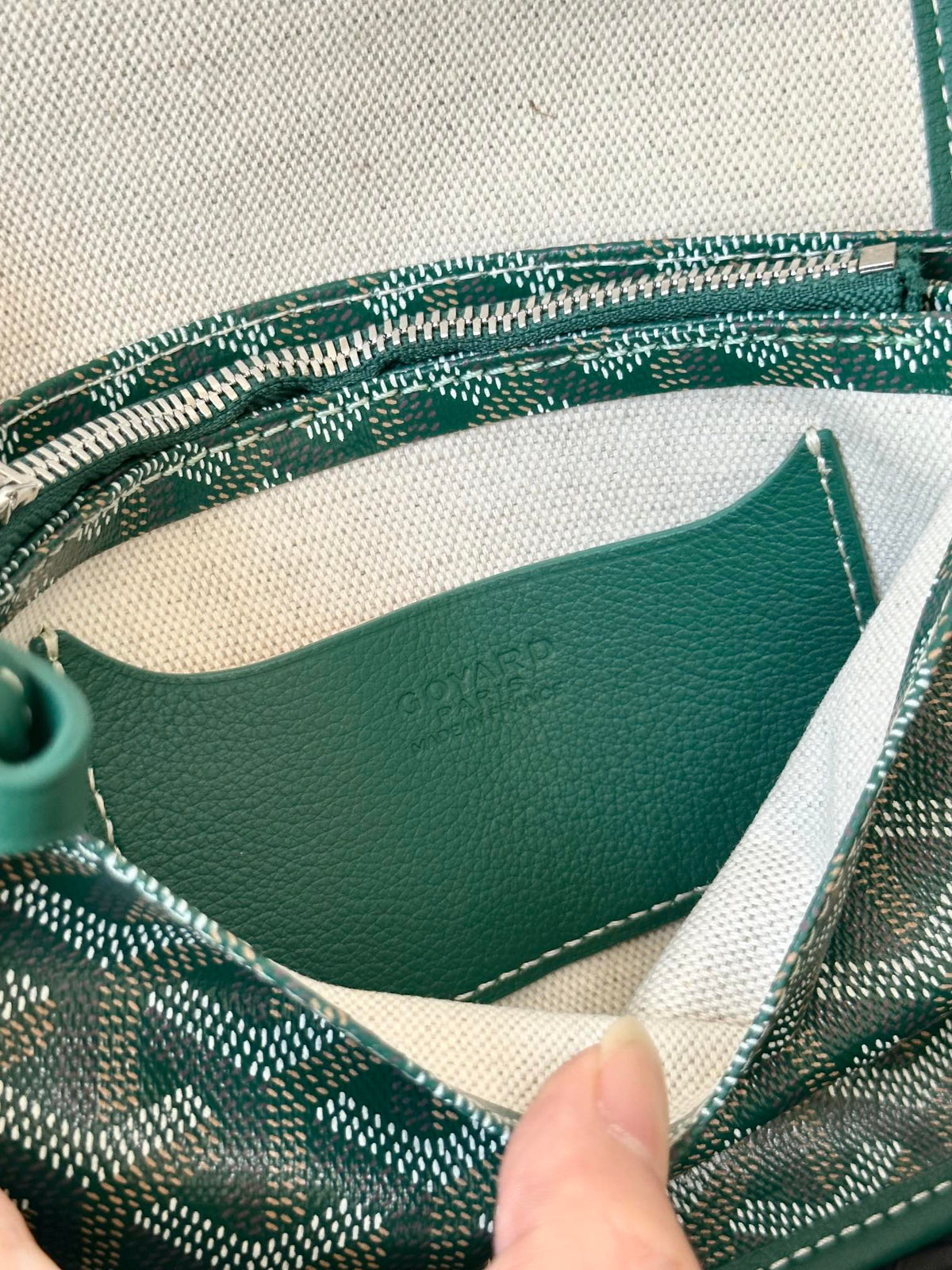 Goyard Plumet Pocket Wallet 20 in Green Goyardine Canvas and Lambskin Trim