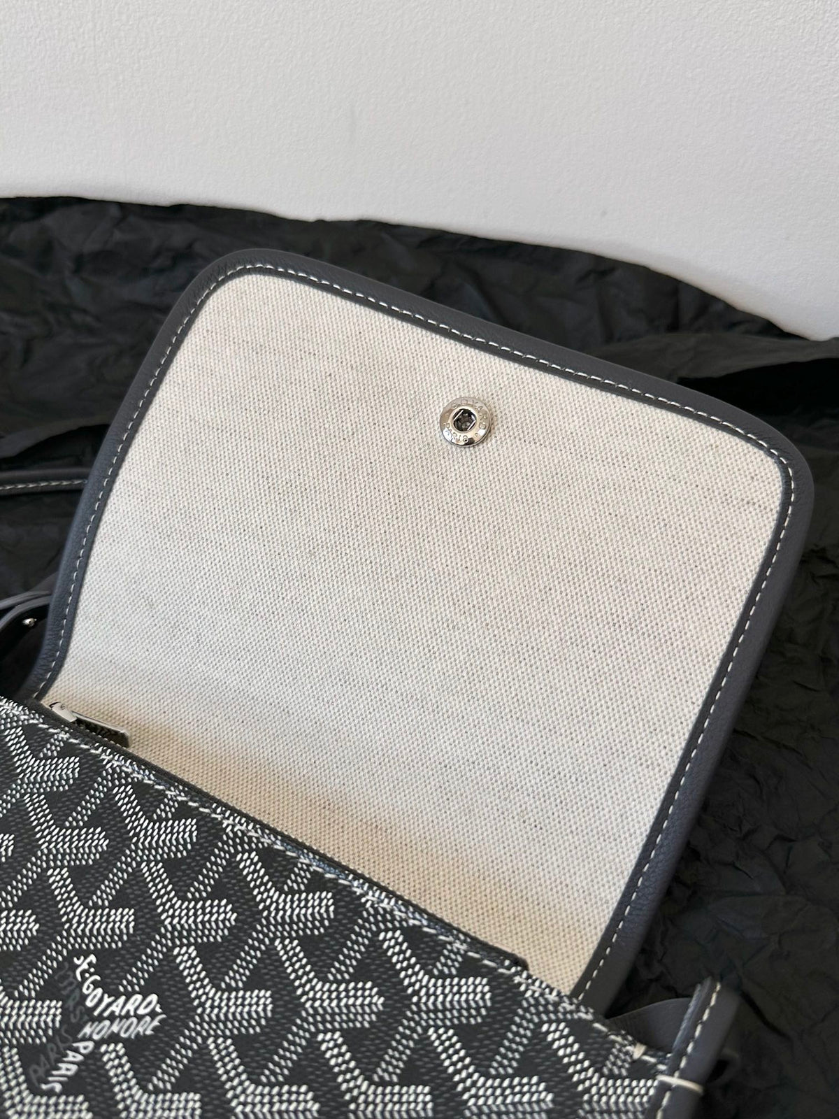 Goyard Plumet Pocket Wallet 20 in Grey Black Goyardine Canvas and Lambskin Trim
