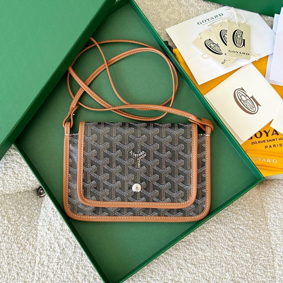 Goyard Plumet Pocket Wallet 20 in Black Goyardine Canvas and Tan Lambskin Trim