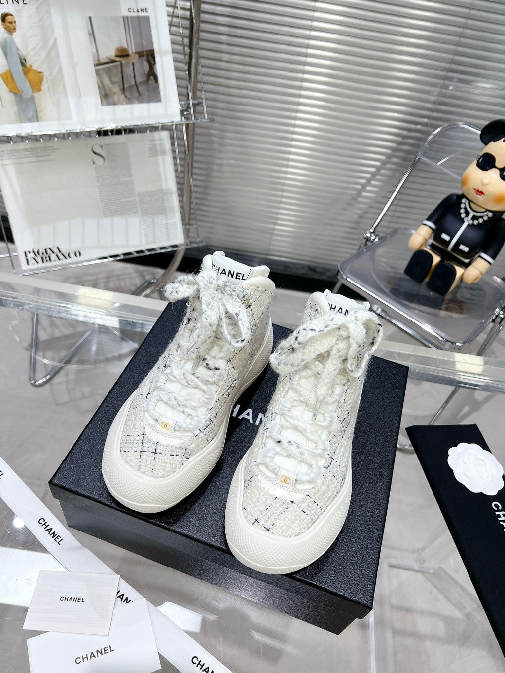 Chanel Cano Alto Sneaker in White Wool Tweed and Rubber